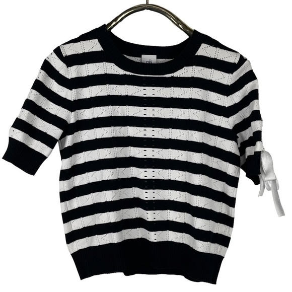 CABI 5832 RUNWAY PULLOVER STRIPED KNIT SHORT SLEEVE LACE UP BOW SWEATER - Picture 2 of 12